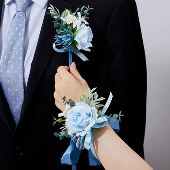 Blauwe Lotus Rose Corsage en Boutonniere Prom Kunstbloem Pols Corsage Armbanden Homecoming Corsage Polsbandje Boutonniere