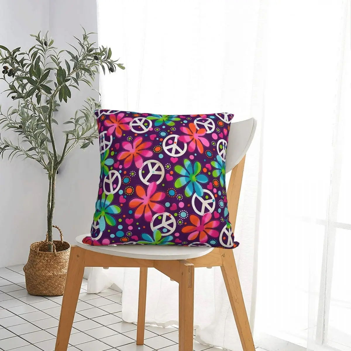 Peace Foral Love Pattern Square Pillow Case Polyester Throw Pillow Vintage Pillowcase
