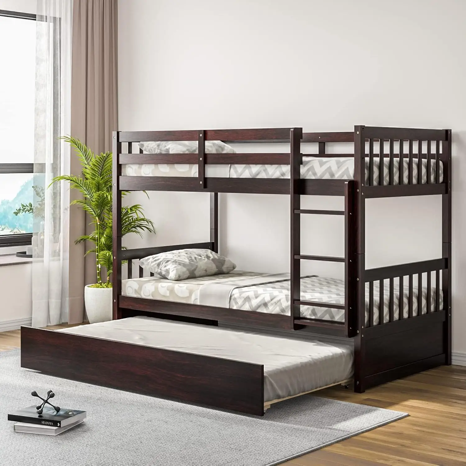 Wood Twin Over Twin Bunk Bed with Trundle, Solid Pine Wood Bunk Bed Frame with Ladder & Safety Guardrails, Space-Saving Converti