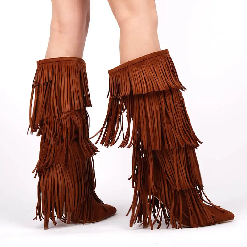 

Onlymaker Women Pointed Toe Fringe Boots Comfy Pull On Mid Calf Thin Heel Pull-on Knee High Boots