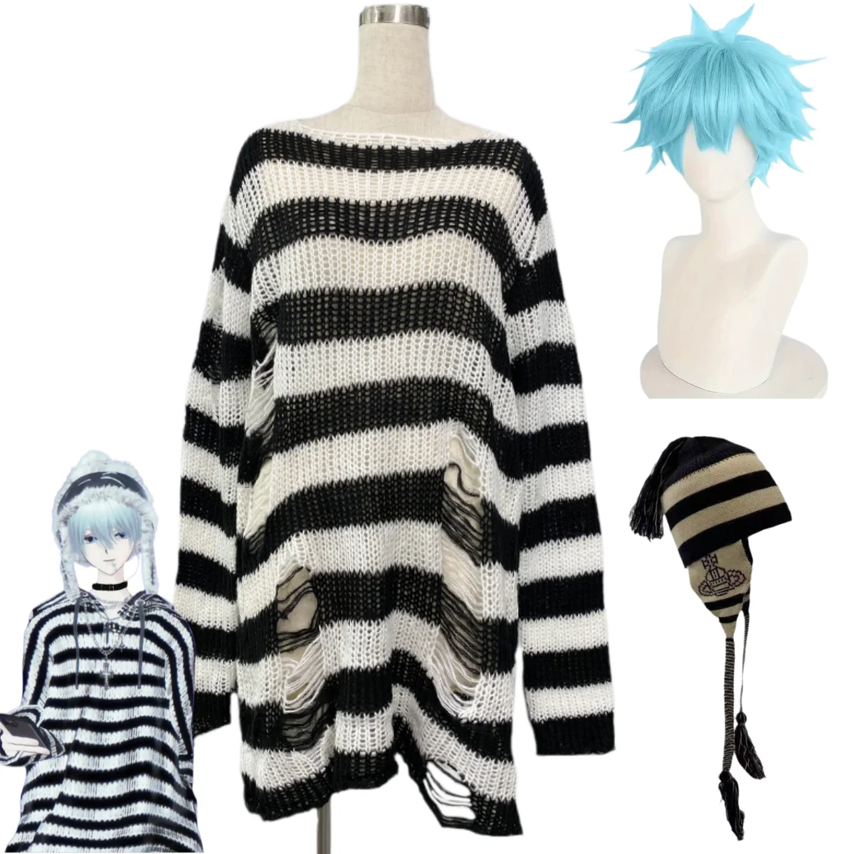 Anime NANA Okazaki Shinichi Cosplay Costume Unisex Stripe Knitted Sweater Ripped Irregular Sweaters Wig Man Woman Party Suit