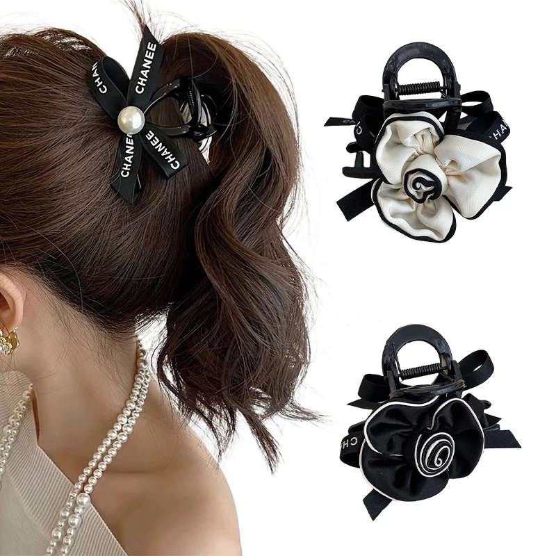 Korean Style Fashion Elegant Camellia Bow Double Side Hair Claw Simple All-match Flower Hair Clip High Ponytail Hair Accessories