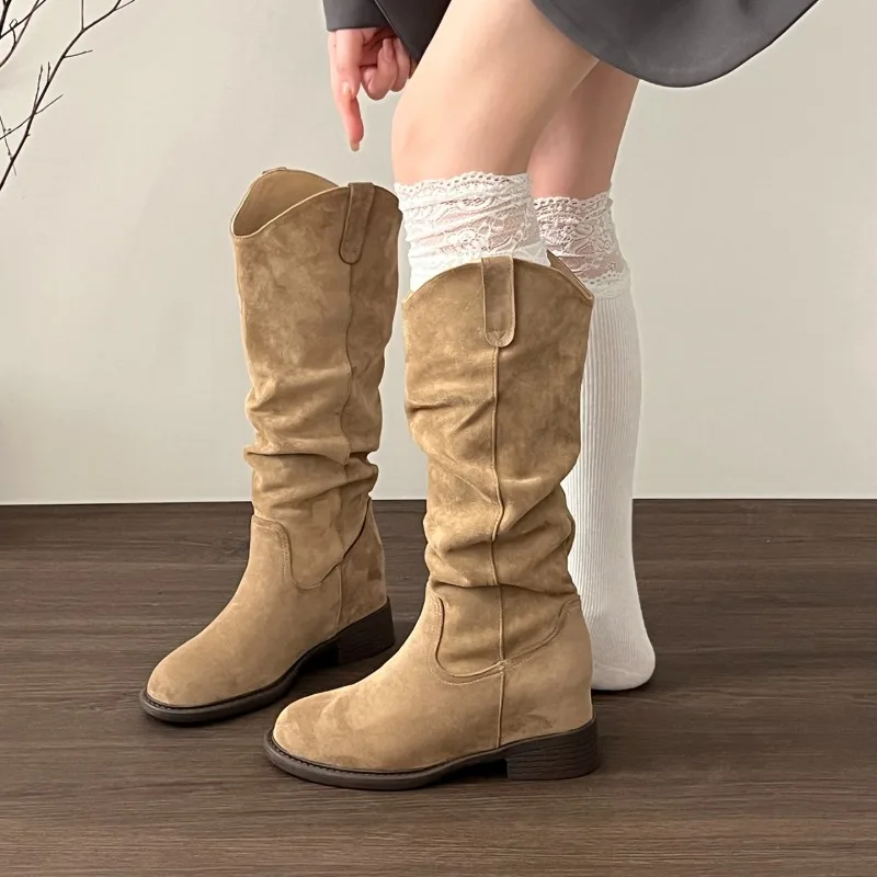 Women Vintage Faux Suede Slouch Western Boots, Round Toe Low Block Heel Hidden Height Increase Autumn Winter Cowboy Boots
