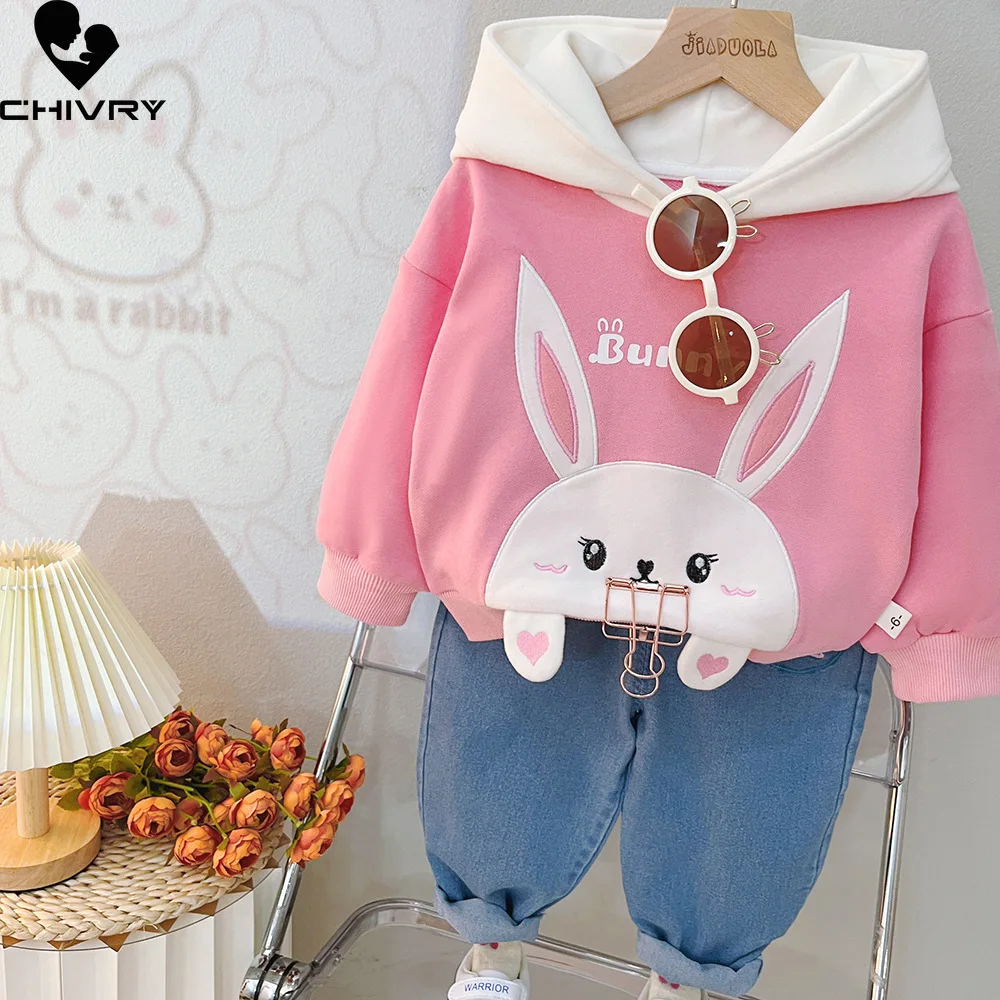 

New 2023 Baby Girls Spring Autumn Fashion Cartoon Rabbit Hooded Hoodies Sweatshirt with Denim Pants Kids Casual Clothing Sets