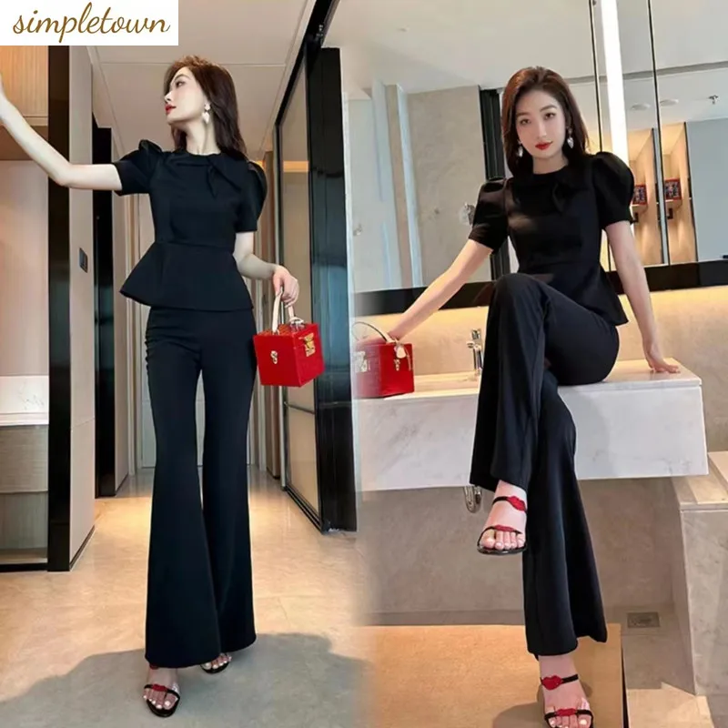 

High end fashion socialite style women's suit new bubble sleeve slim fit top+high waisted flared pants set trendy