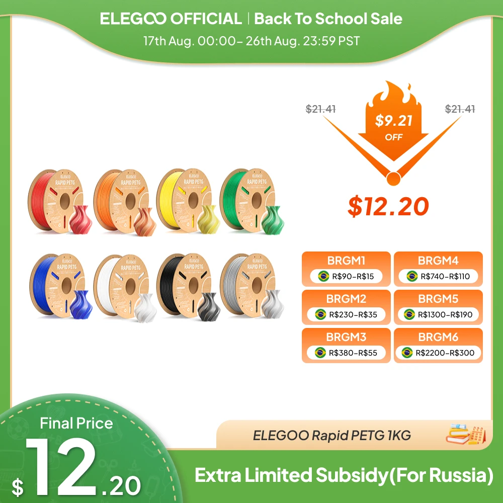 Filamento PETG Rápido ELEGOO 1.75mm 1KG, Filamento para Impressora 3D de Alta Velocidade 30-600mm/s, Compatível com a Maioria das Impressoras 3D FDM
