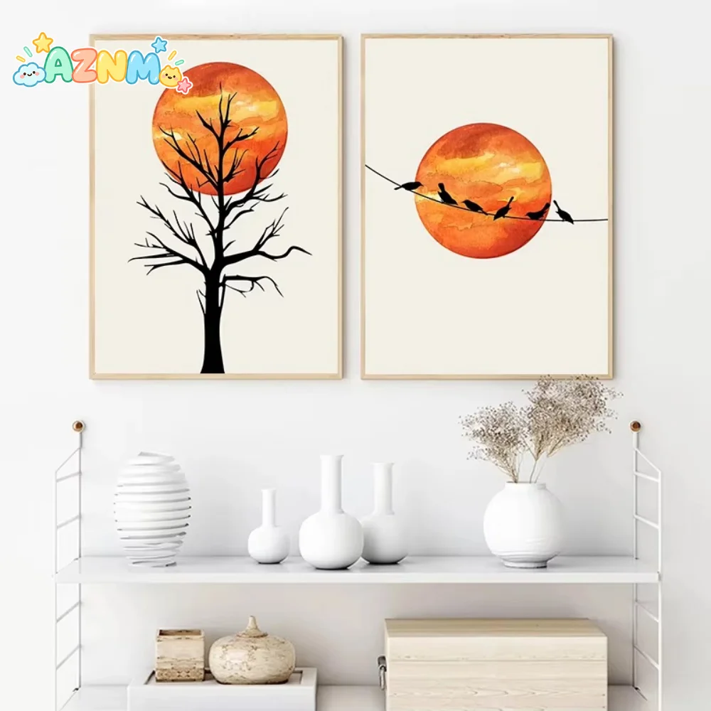 Thousands of Birds with Sun Poster Yellow Trees Canvas Painting Abstract Landscape Print Wall Art for Living Room Home Decor