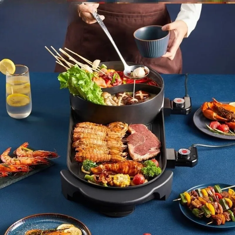 Integrated pot hot pot barbecue dual-purpose multi-function smokeless electric baking pan
