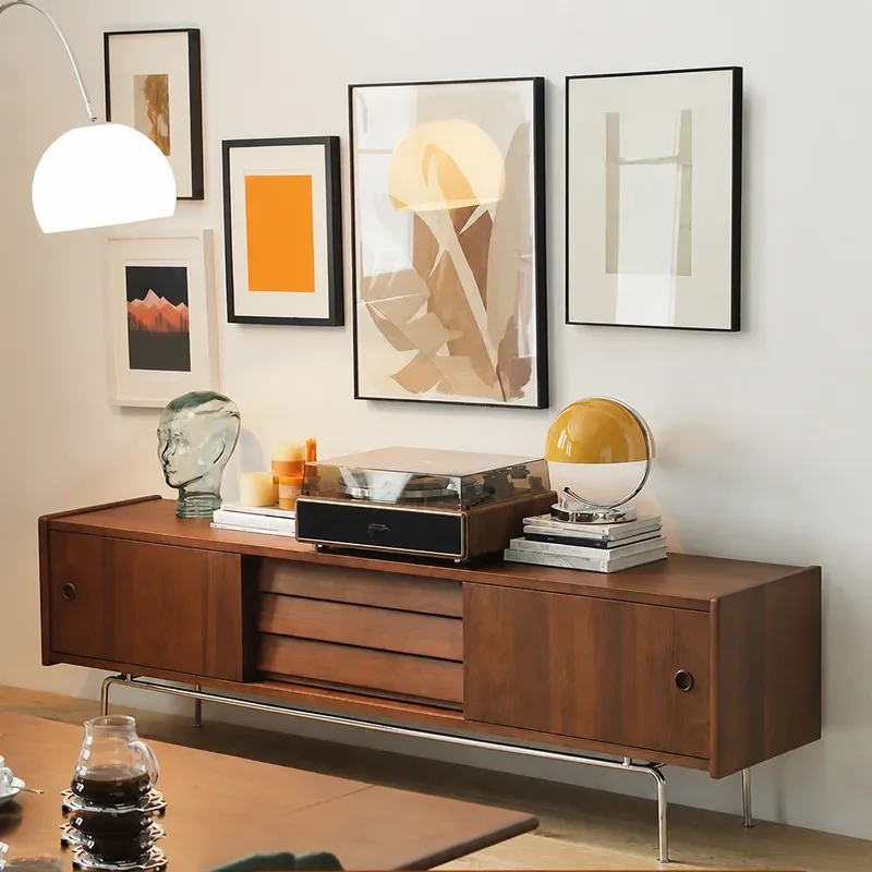 Nordic Solid Wood TV Cabinet Stainless Steel Multi Functional Storage Unit for Living Room Small Apartment Audio Visual