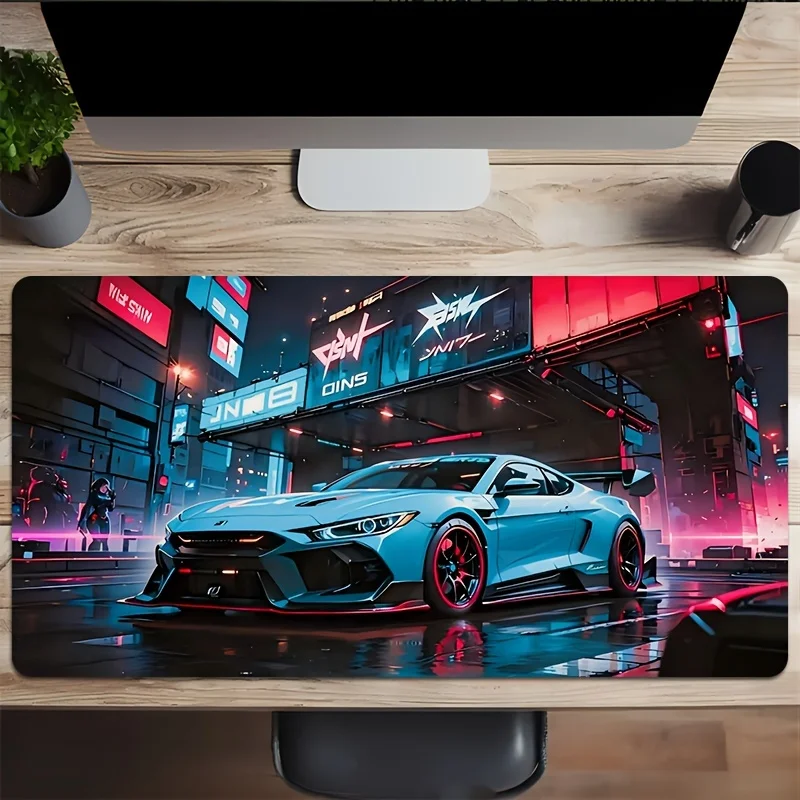 Tapis de souris de jeu extra large avec design de voiture de sport bleu de style de rue, tapis de bureau rectangulaire à base en caoutchouc, bord de précision, lavable