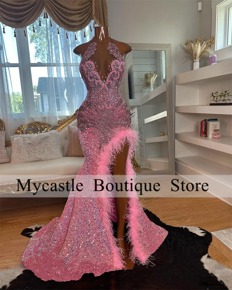 Sparkly Diamonds Pink Feathers Mermaid Prom Dresses 2025 Black Girl Sequins Crystals Rhinestones Birthday Party Dress Customized