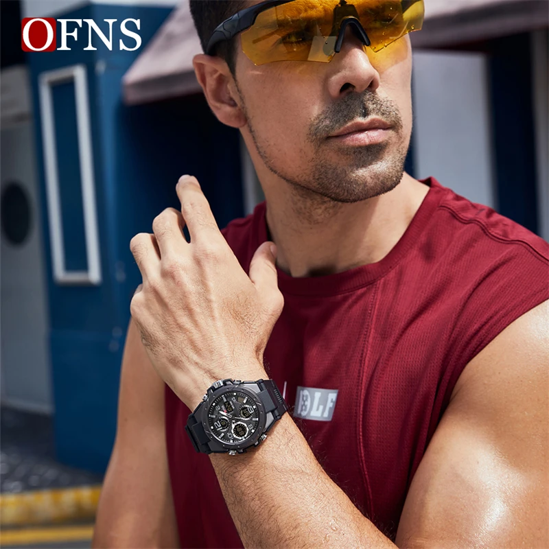 OFNS S6008 relojes de cuarzo de lujo para hombres, reloj deportivo militar resistente al agua para hombres, reloj de pulsera Digital LED con pantalla Dual