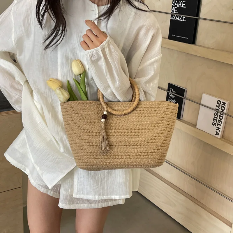 

Summer Handmade Bags Straw Woven Handbags For Women Travel Seaside Beach Bag Ladies Wrapped Beach Bag Moon shaped Top Totes