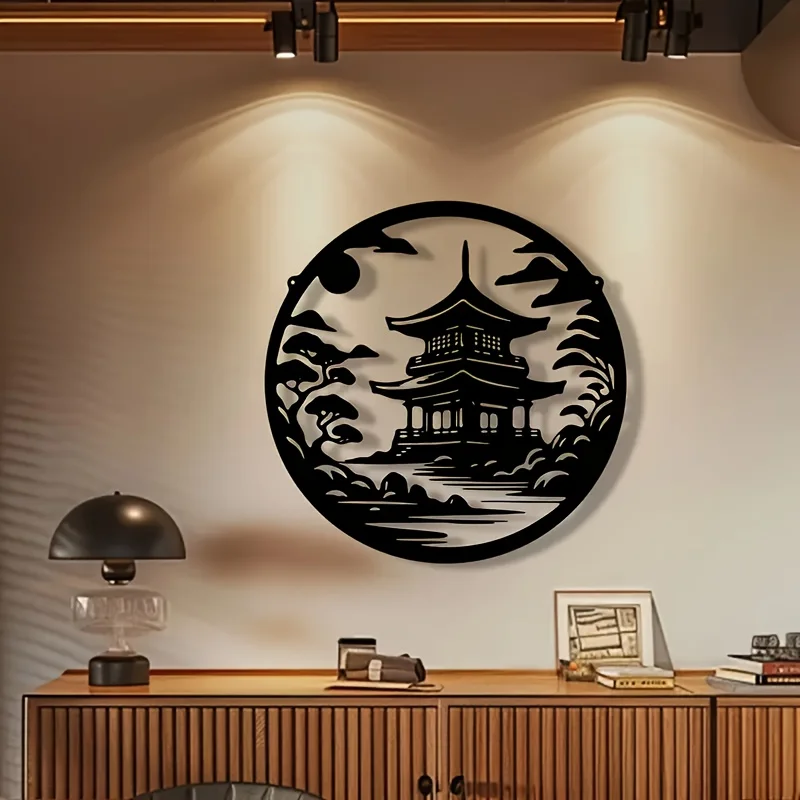CIFBUY Wrought Iron Wall Art Metal Chinese Tea Pavilion Silhouette Vintage Landscape Pagoda Tree Handmade Decorative Sign for Li