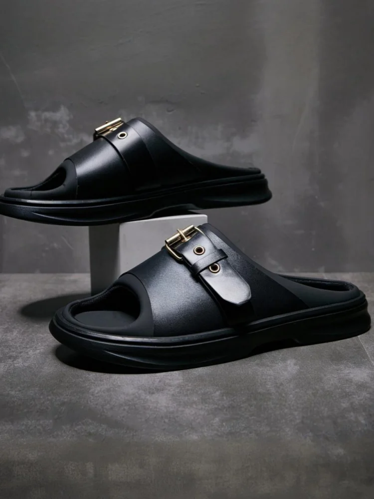 Leisure Men Open Toe Slip On Genuine Leather Hard Wearing Slides Fashion Solid Color Buckle Male Cowhide Platform Slippers