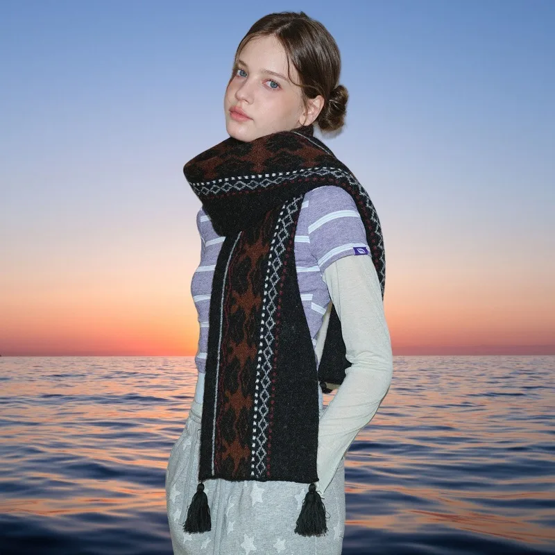 

Доступный шарф из смеси шерсти Fair Isle в дизайнерском стиле с кисточками для мужчин и женщин, мягкий и теплый зимний вязаный шарф.