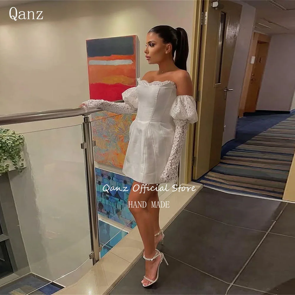 

Qanz Simple Satin Wedding Dress Long Sleeves Lace Appliques Mini Robes De Soirée Vestidos De Novia Personalizados Customized