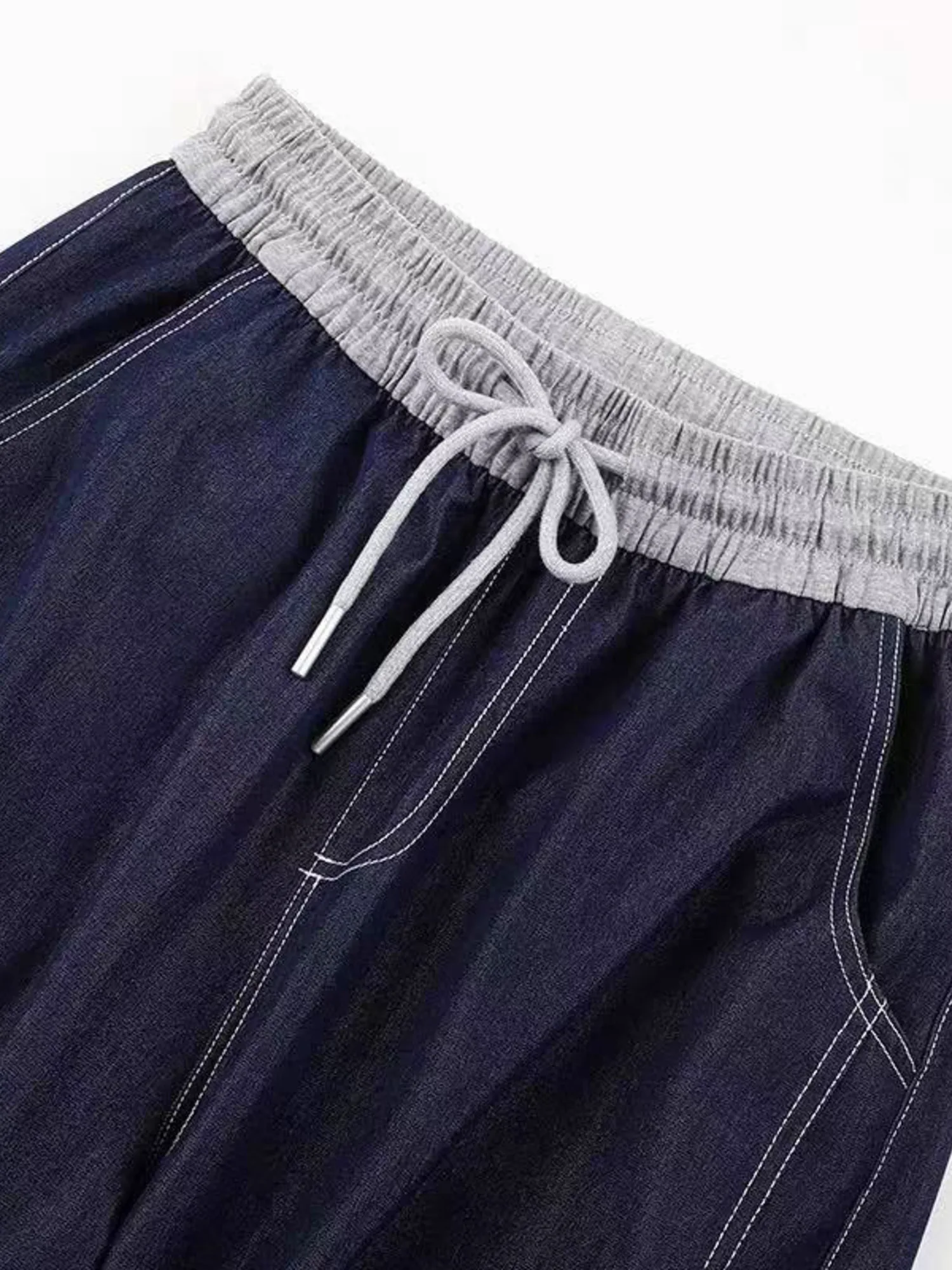 Women's Wide Leg Jeans High Waist Elastic Waistband Contrast White Stitching Loose Trousers Drawstring Casual Streetwear
