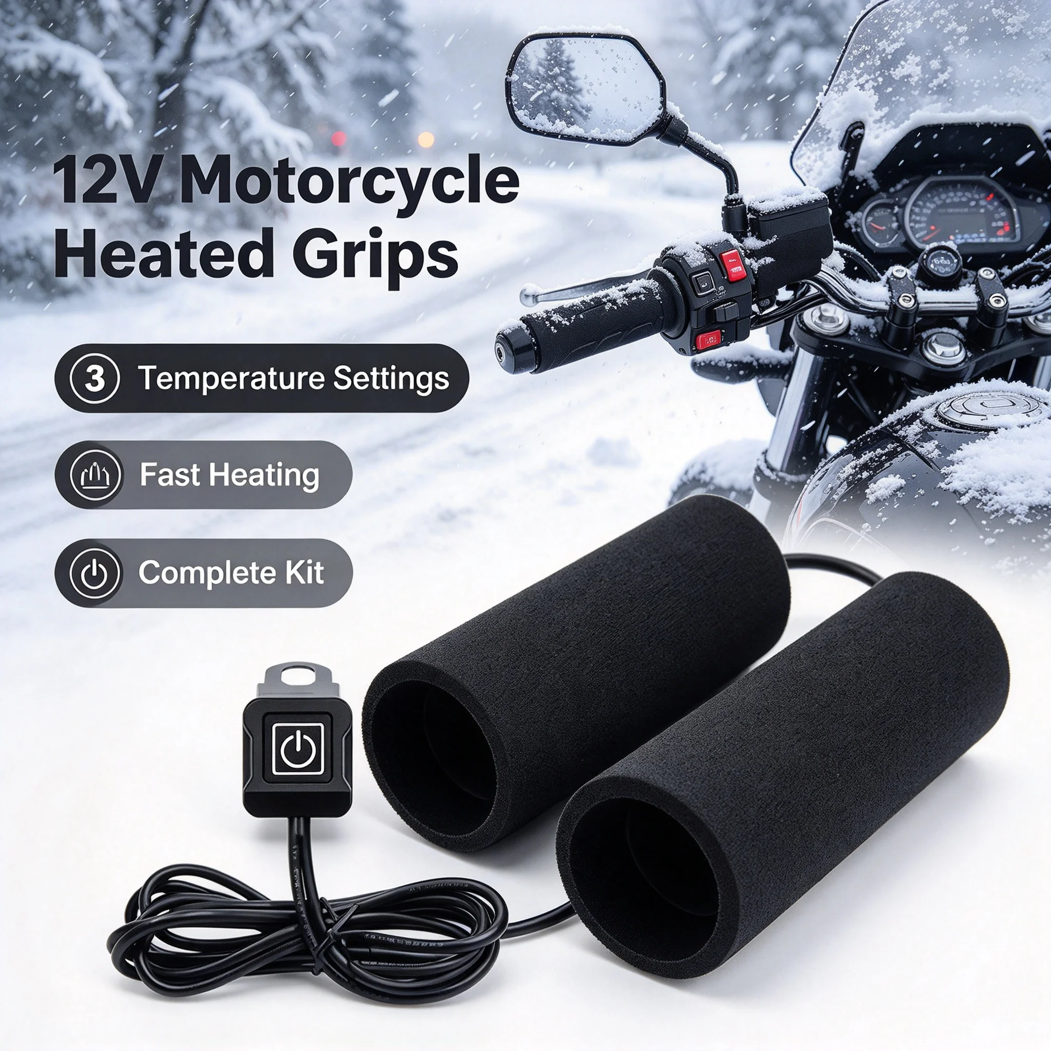 Motorcycle Electric Heated Handlebar 12V Winter Waterproof and Warm Smart Anti-slip Heated Handlebar 3-speed Control Motorcycle