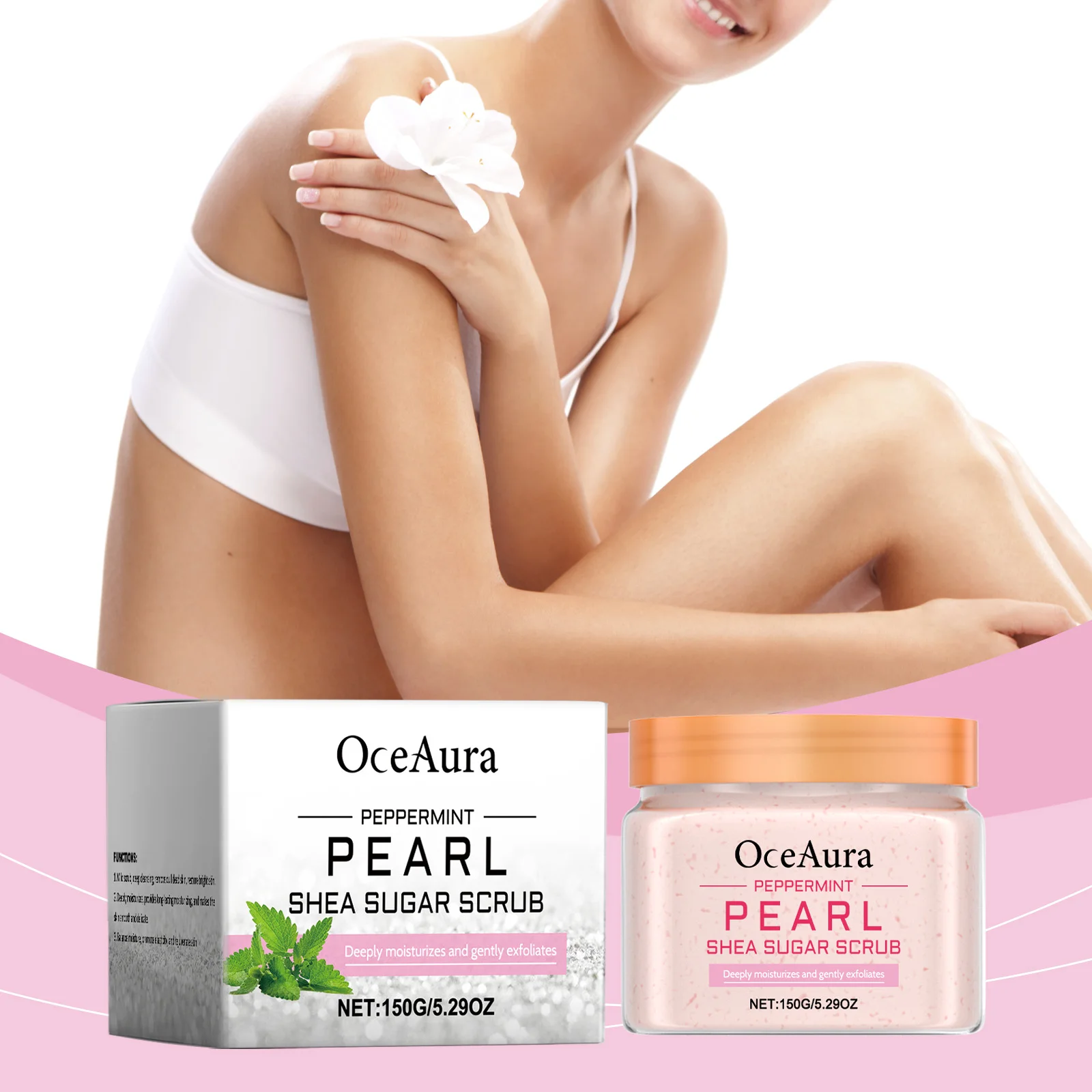 Exfoliante corporal de azúcar y manteca de karité con perla natural 150g, hidrata, suaviza y da brillo a la piel, para el cuidado de la piel de codos, rodillas, espalda y piernas.