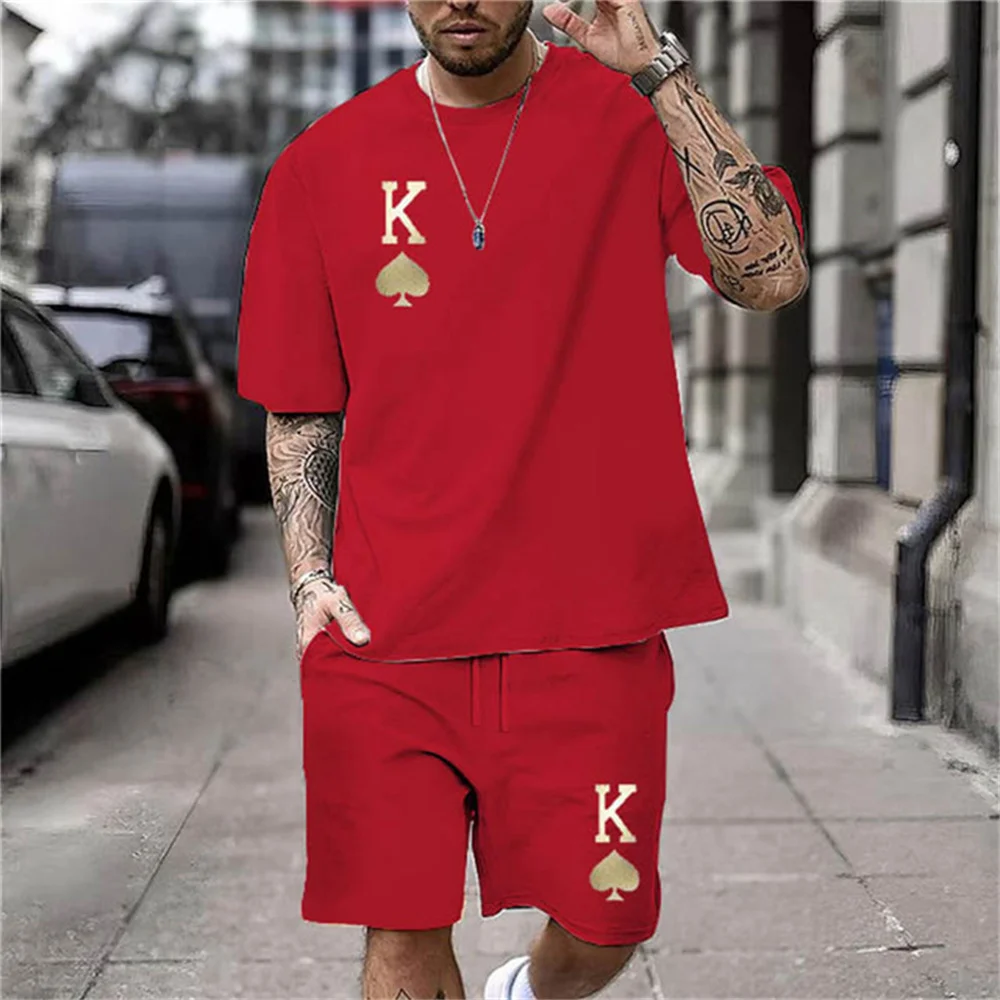 

3D Summer Chic Casual Everyday Wear Clothes Crown K Print Men's T-Shirt Short Set Two-Piece Fashion Short Sleeves Shorts For Men