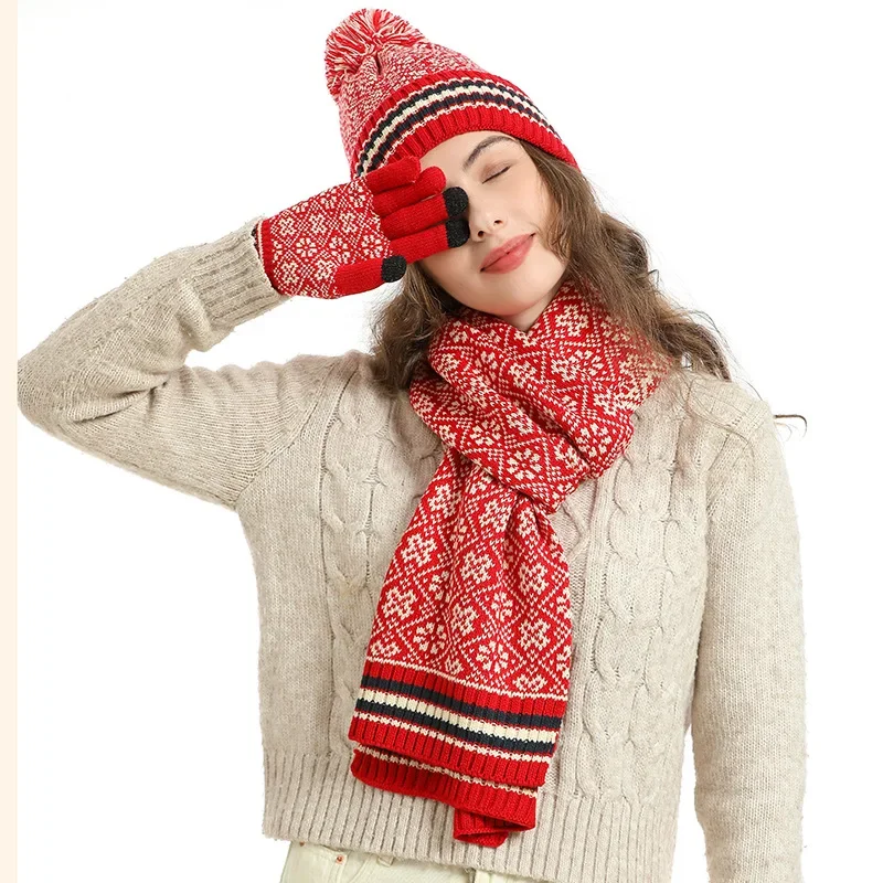 Outdoor Winter Sports Hat 3-piece Unisex Christmas Knit Set Beanie Scarf Gloves Warm Winter Gift Dome Neck Wrap Thick Jacquard