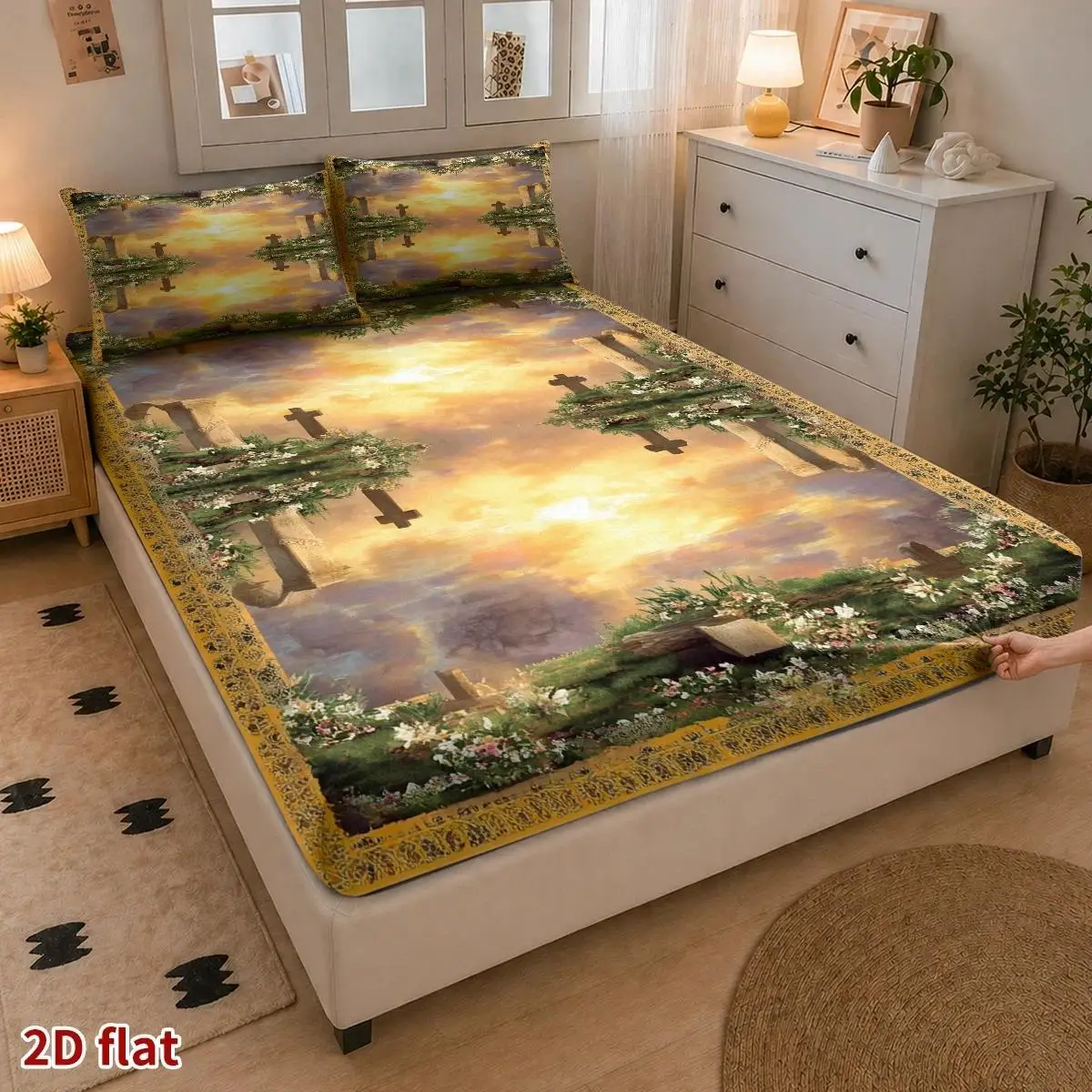 2D Digital Printed Three-Piece Bedding Set (Includes 1 Fitted Sheet + 2 Pillowcases) Mattress Protector, Fitted Elastic Style, Protective Cover, 2D Flat Priting, Mattress Protector, Angel-Themed Feast, Vintage Oil Painting Style, Halloween Ghost Holiday Decoration, Suitable for All Seasons, Machine Washable Design, Holiday Decoration, Various Sizes, Breathable Protective Cover Plus Pillowcase