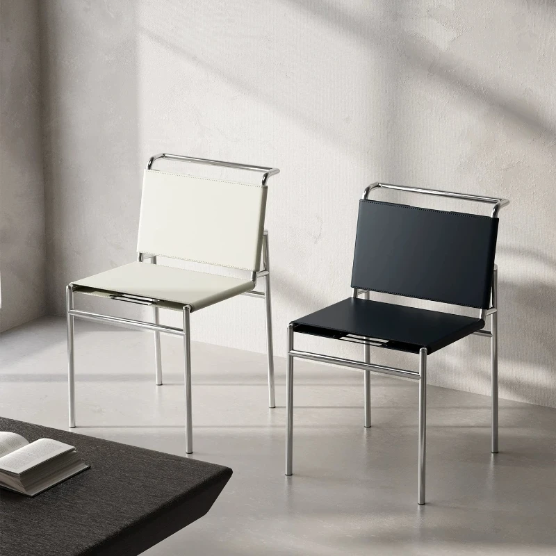 Mid-Century Stainless Steel Chair Minimalist Saddle Leather Backrest Seat Luxury Dining Furniture Home Living Room Leisure Chair