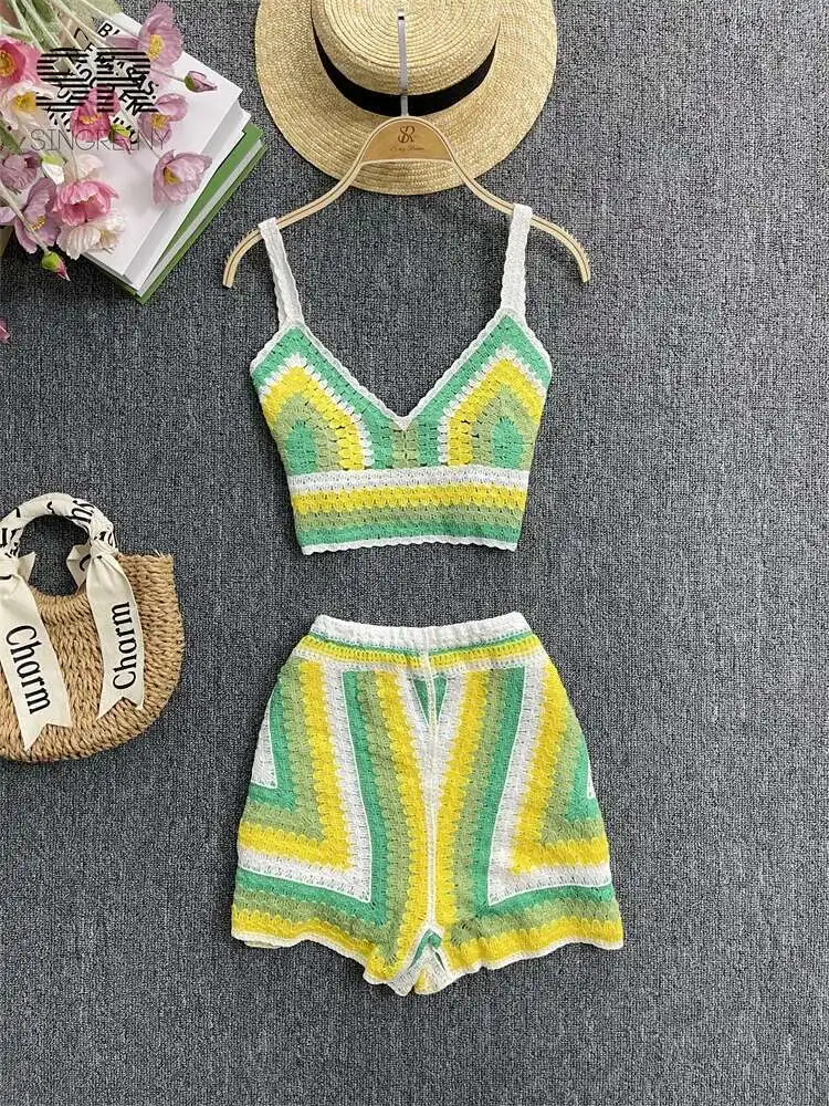 

BabYoung Striped Knit Two Piece Set Women Backless Fashion Strap Camisole Elastic Waist Shorts Vacation Beach Summer Suit