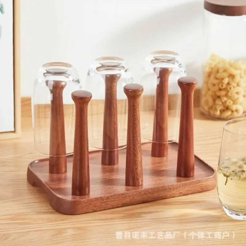 Ebony Wood Cup Holder Desktop Storage Rack for Glass Teacups Water Mugs Mildew Proof Drainage Design Home Kitchen Organizer