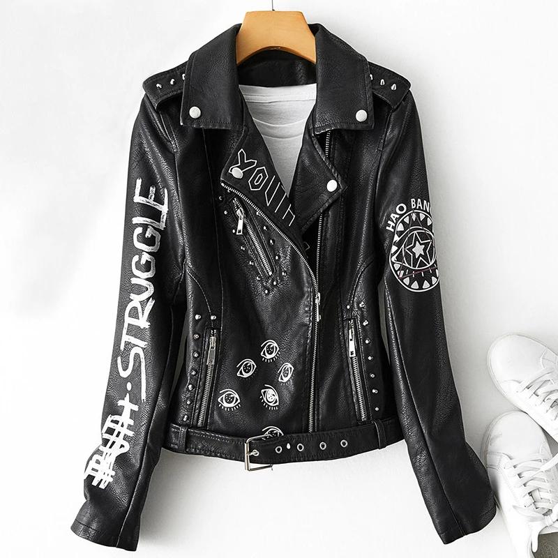 Fitaylor Autumn Winter Women Graffiti Print Faux Leather Jacket Lady Moto Bike PU Leather Coat Casual Rivet Jacket with Belt