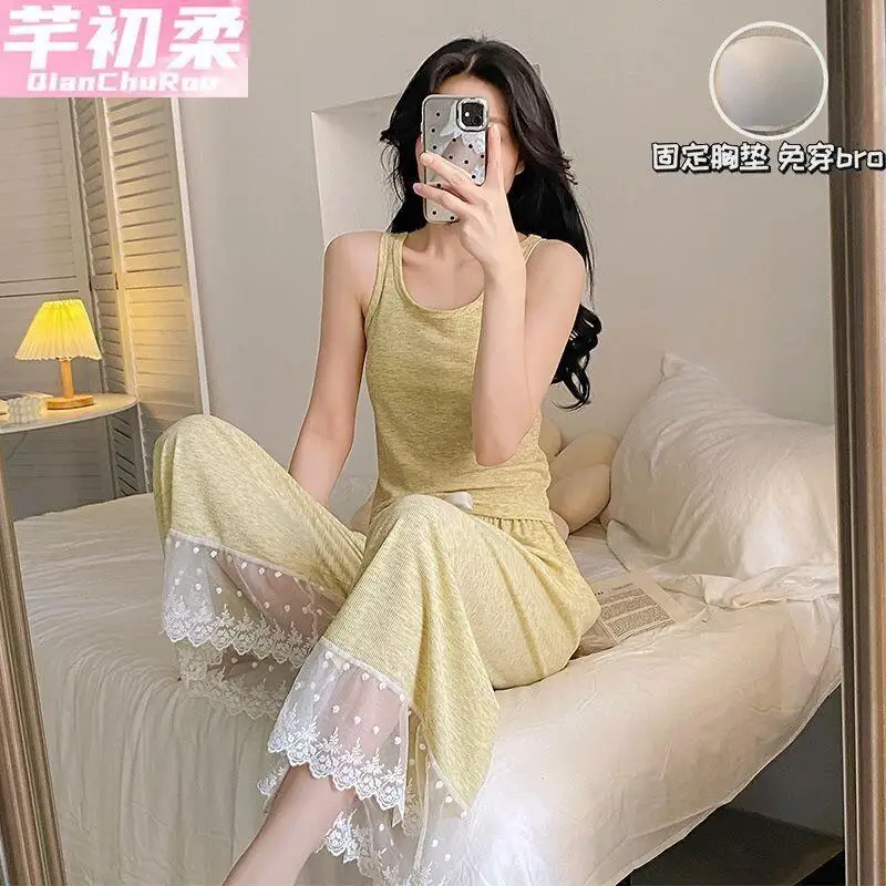 Women's Pajama Set Fashion Homewear Sleeveless Camisole Top With Built In Bra Ice Silk Ribbed Modal Homewear Cooling Slimming
