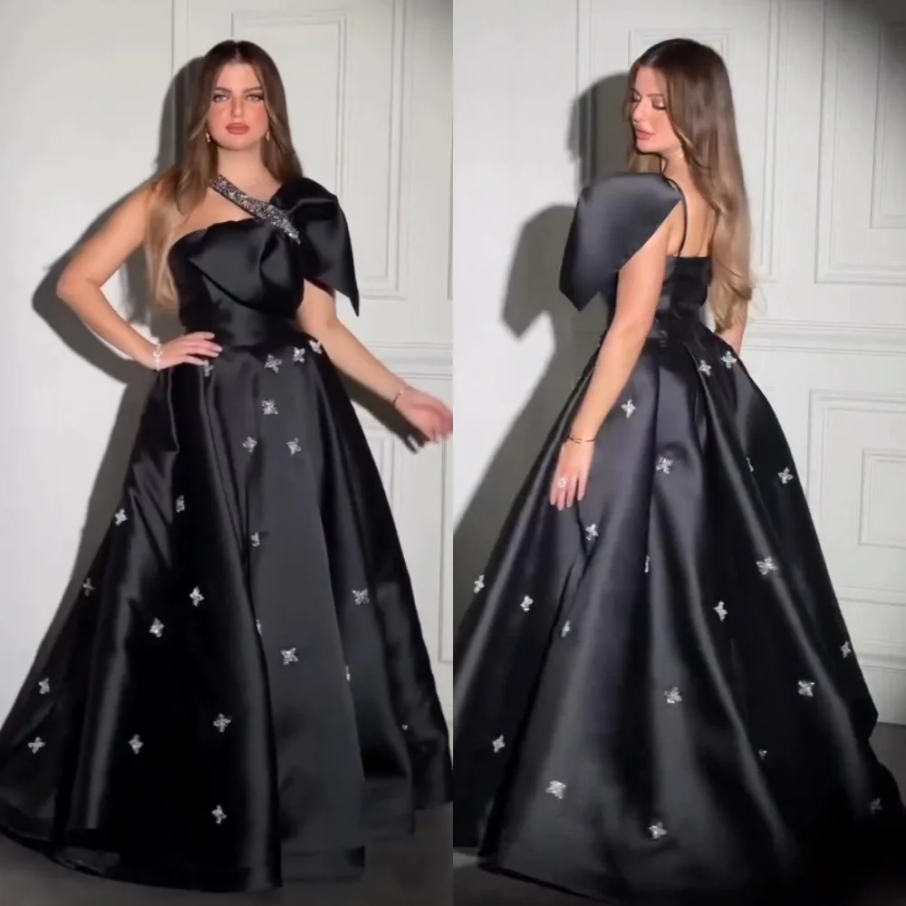 

Customized Charmeuse Rhinestone Bow Chic One-shoulder Black A-line Long Dresses Bespoke Occasion Party Gown Sparkle Elegant
