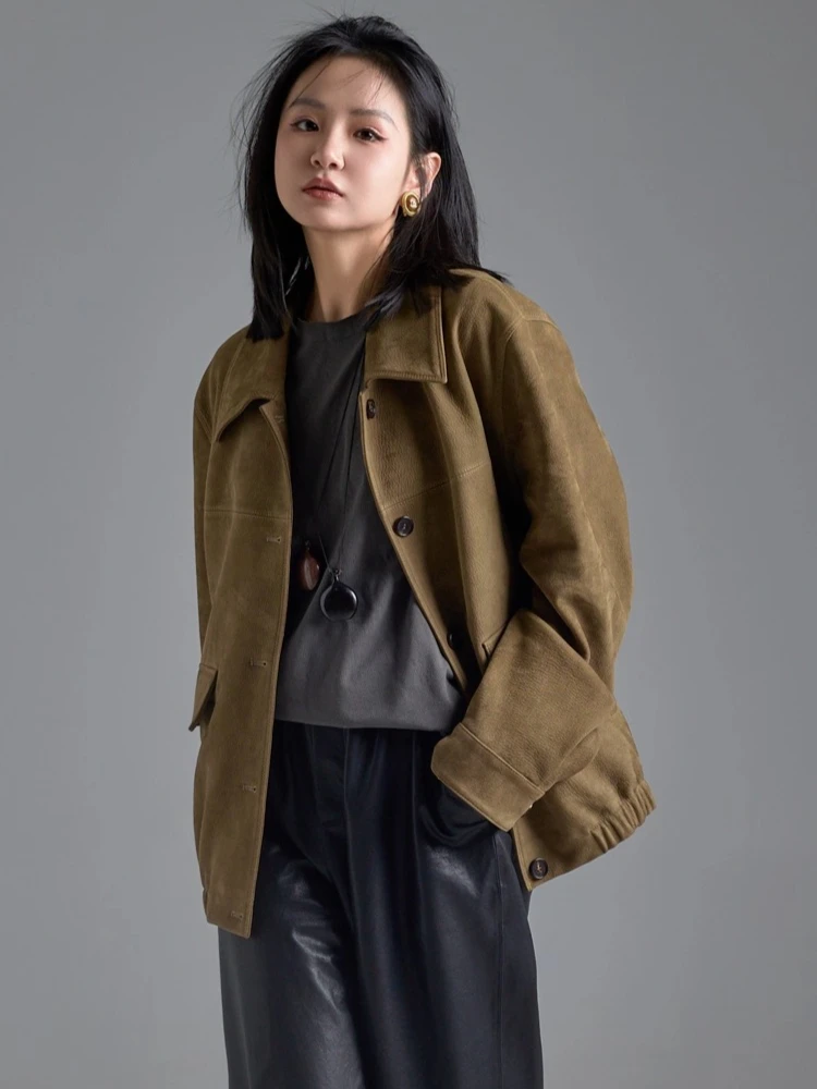 سترة كلاسيكية من الجلد الطبيعي للنساء لخريف وشتاء الراقية بسيطة واحدة الصدر من جلد الماعز الحقيقي