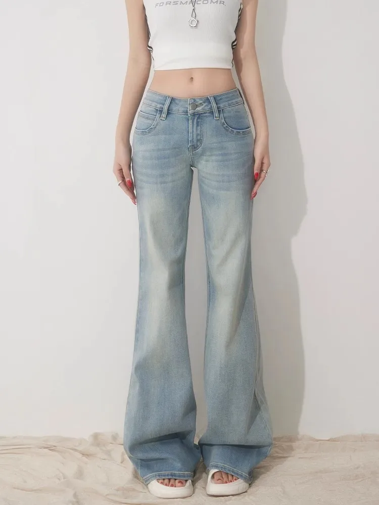 Slim Fit, schlichte, ausgestellte Jeans für Damen, modisch, kausal, England-Stil, Y2K-Straßenarbeit, niedrige Taille, klassische Kleidung