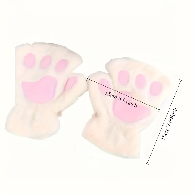 1 Pair Cute Cat Paw Half-Finger Plush Gloves, with Anti-Loss Lanyard, Flexible for Writing And Phone Use, Christmas Holiday Gift