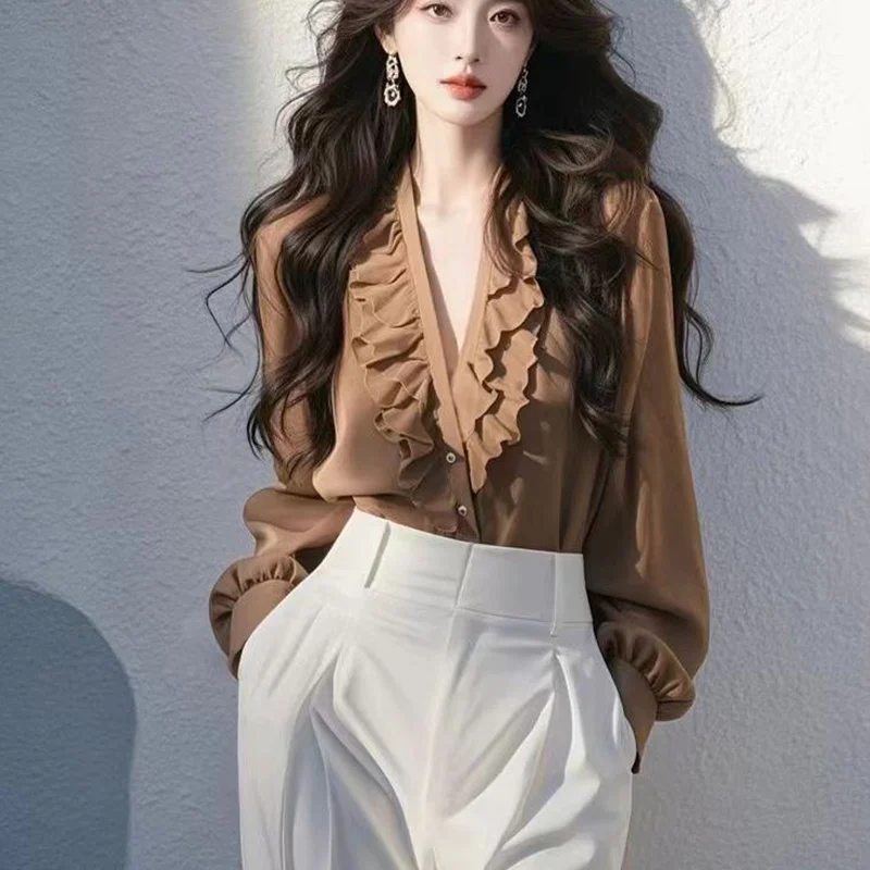

Spring Temperament Ruffles V-neck Shirts Ladies Fashion Solid Color Long Sleeve Blouse Autumn Simplicity Elegant Buttons Top Tee