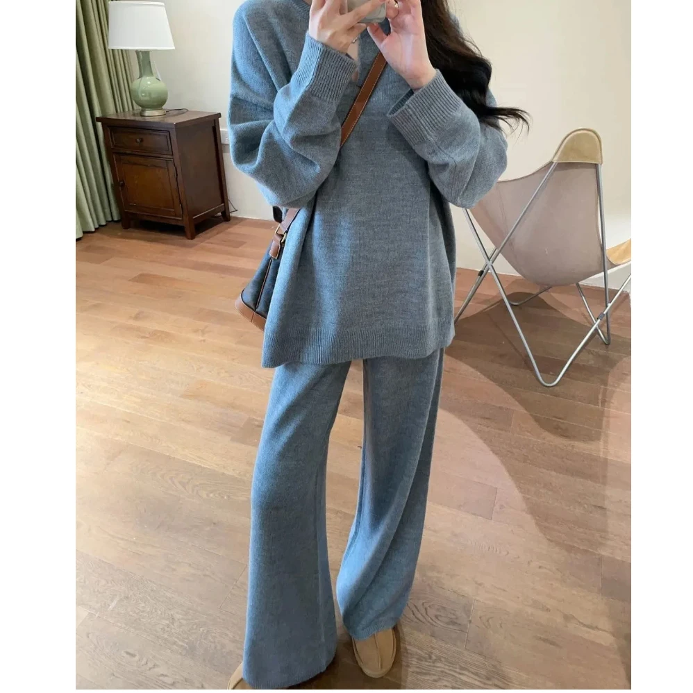 

Нишевая одежда, вязаный костюм в ленивом стиле, весенне-осенний свитер с v-образным вырезом, широкие брюки, женский костюм-двойка