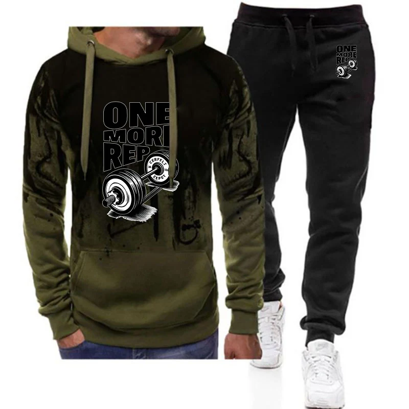 

2026 Gym Workout ONE MORE REP Weightlifting Spring And Autumn Men's New Gradient Color Set Hoodie+Sweatpant Two-piece Suit