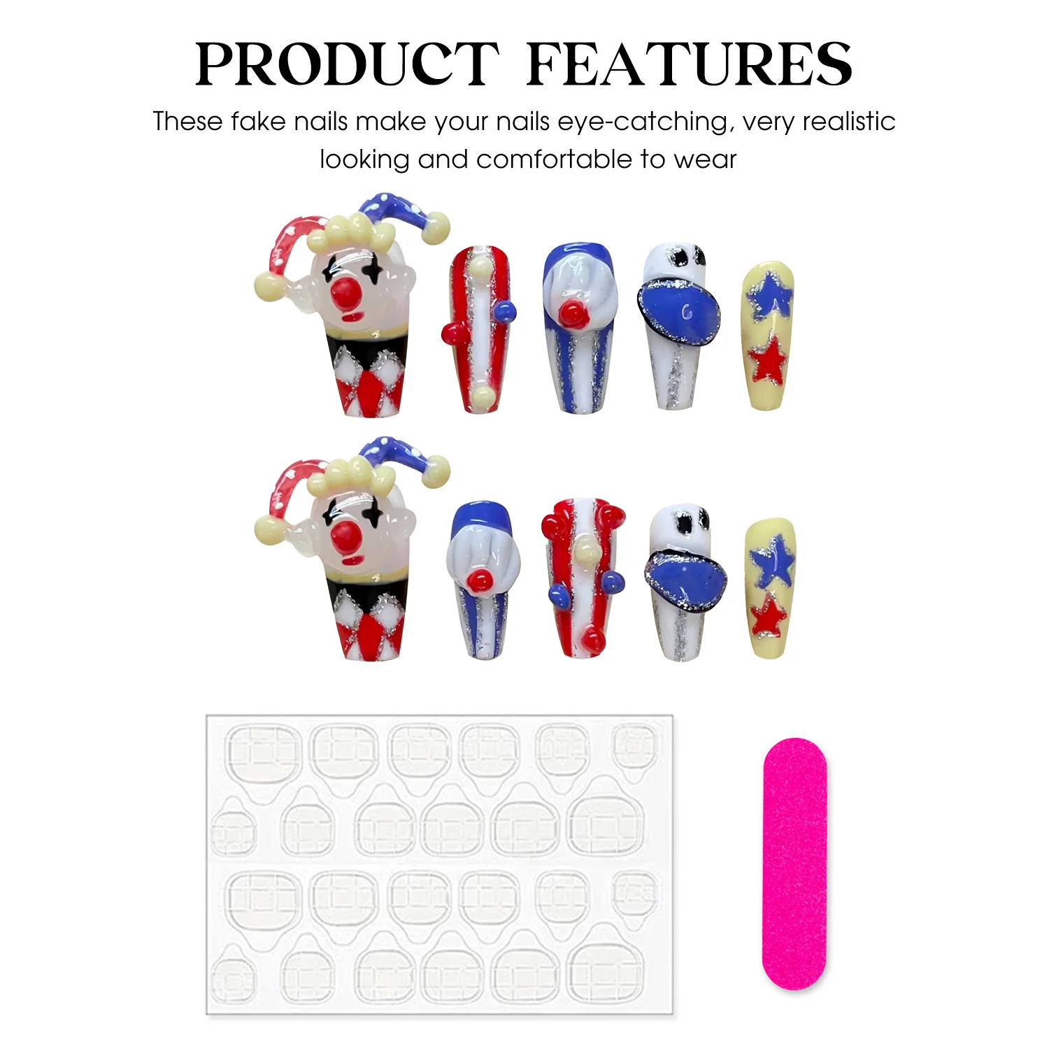 Uñas postizas de payaso 3D hechas a mano, decoración de estrellas, parches de uñas postizas largas, Ballet, desmontables, 10 piezas