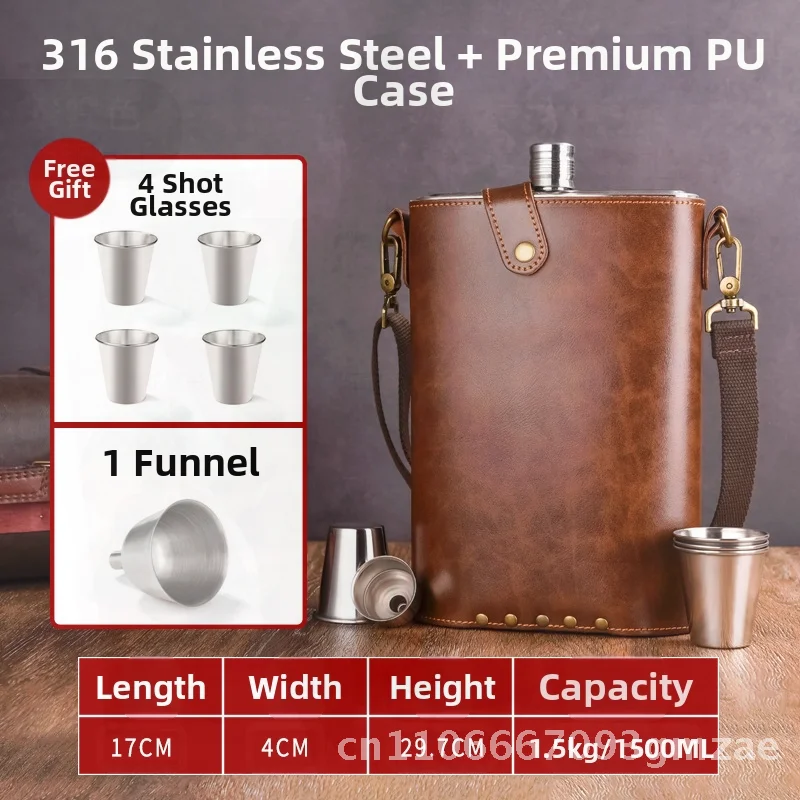 

Authentic 316 Stainless Steel Hip Flask High-End Portable Thickened Wine Bottle Large Capacity 1kg 3kg 5kg with Leather Case