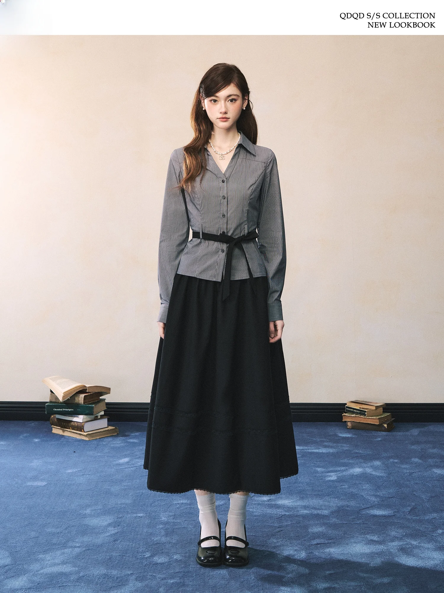 

Retro Commuter Feel V-Ne Long Sve irt Women's Waist-Cinching Design Casual irt Cotton Blend Wear Resistant Striped P...