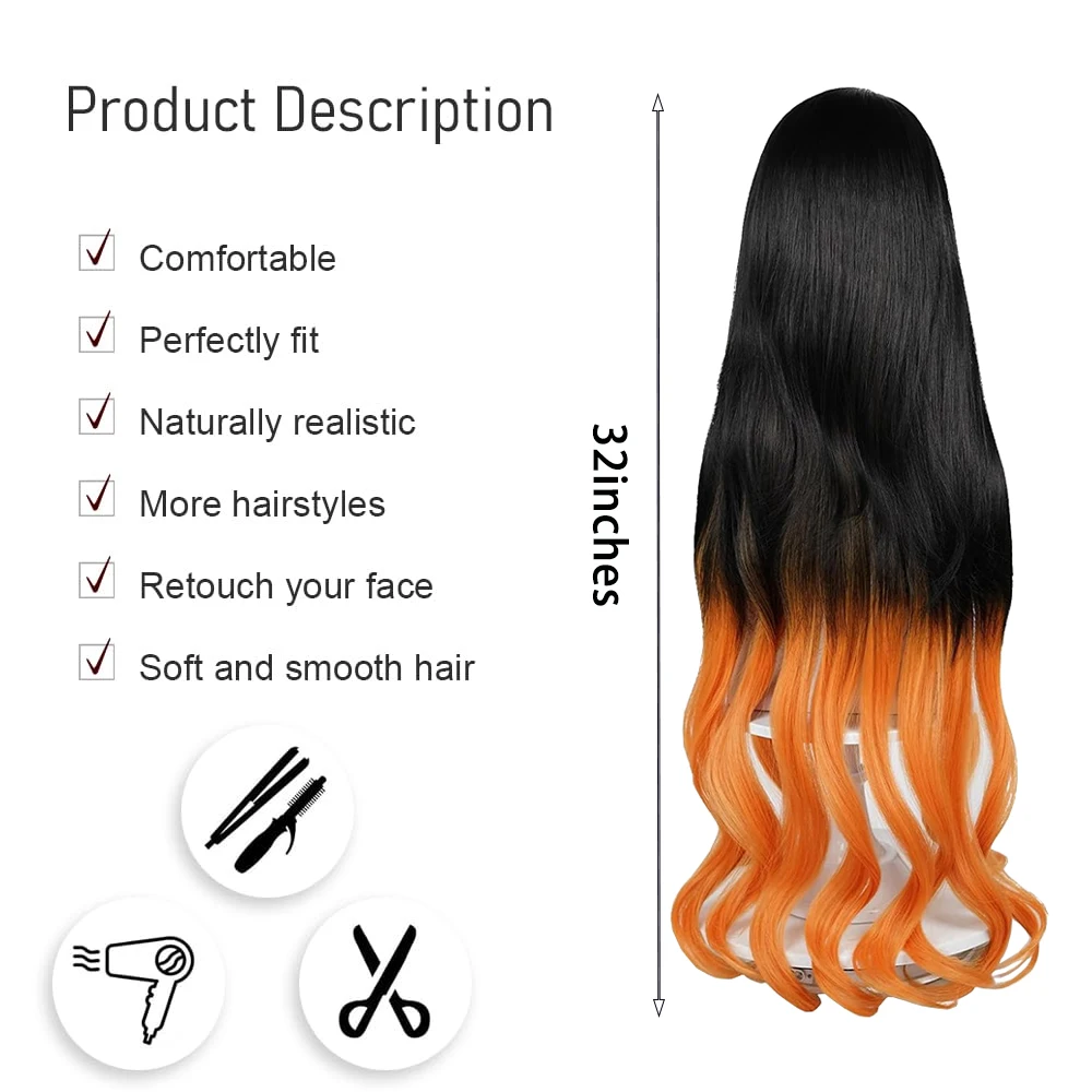 High-Quality Anime Kamado Nezuko Cosplay Composite Hair 32-Inch Wavy Curly Hair Halloween Daily Party Heat-Resistant  Wig