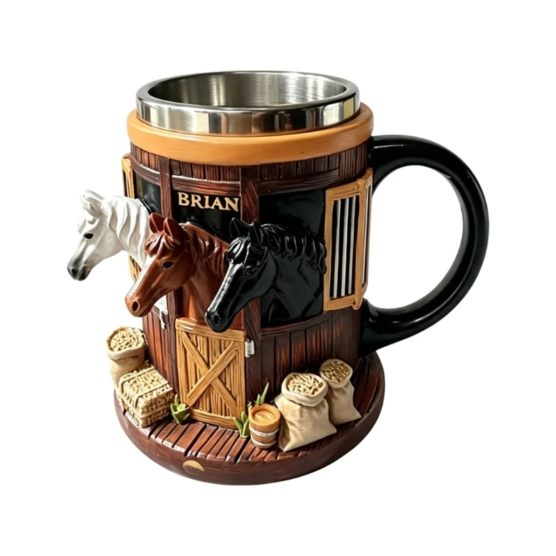 Horse Beer Stein Cup with Metal Inner Wall, 3D Stable Scene Drink Cup for Coffee Service, Shelf Display, Desk Accent, and KXRE