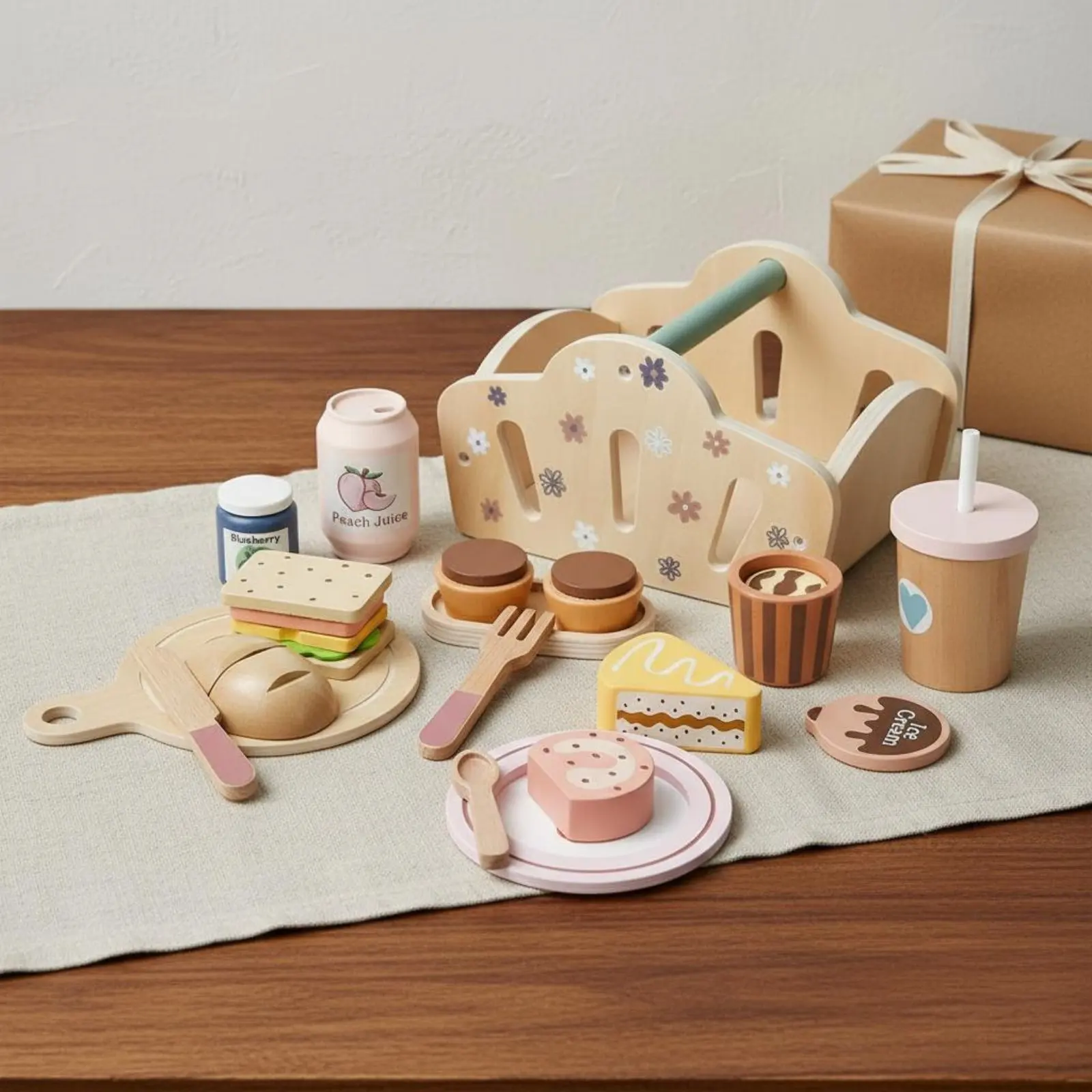 木製屋外用食事バスケットおもちゃ子供中心の遊びにインスパイアされたごっこ遊びアフタヌーンティーセットシミュレーションデザートおもちゃセット