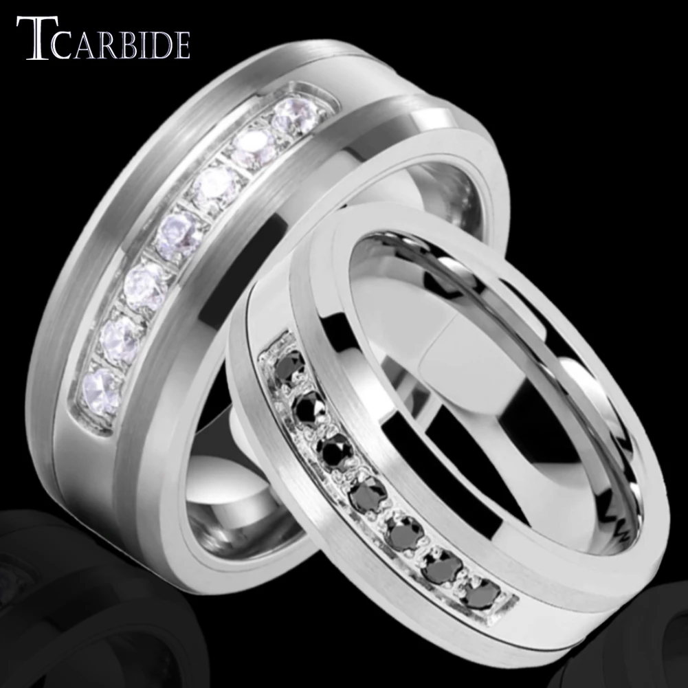 

8mm Men Women Tungsten Steel Combination Ring With 7 Black/White CZ Stone Inlay Fashion Engagement Wedding Band