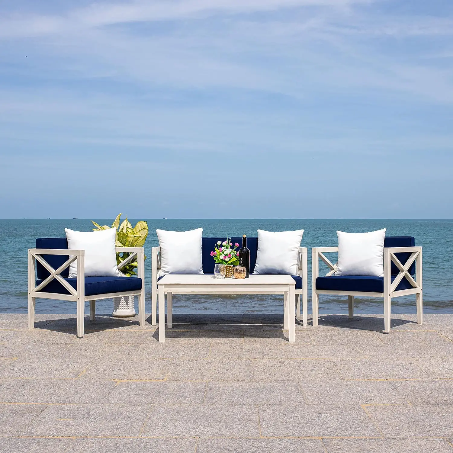 PAT7031D Collection Nunzio 4 Pc Accent Outdoor Set, White/Navy + Solid Pillow