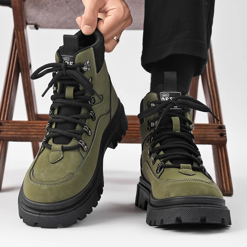 

New winter high top men's cotton boots, fashionable leather work boots versatile men's shoes