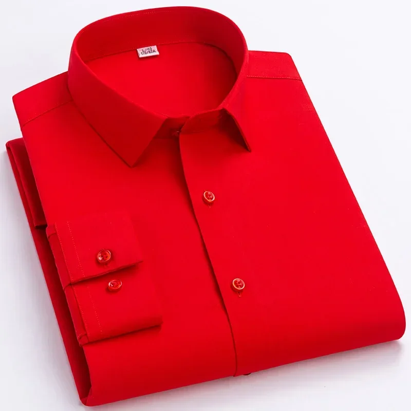 Camisas de manga larga de color sólido de fibra de bambú de alta calidad para hombres camisa formal ajustada elástica antiarrugas ropa blanca roja