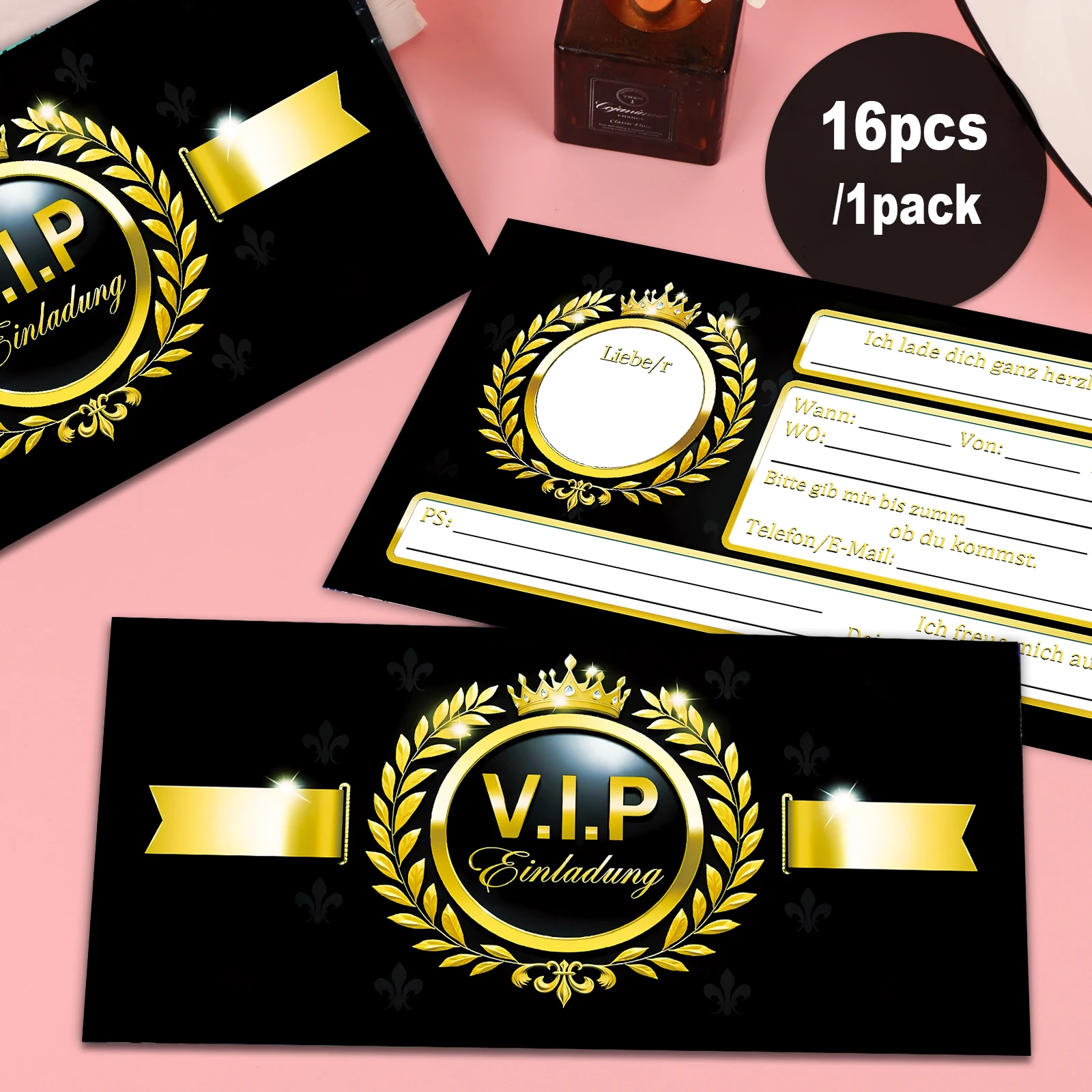 16-teilige VIP-Einladungskarten in Schwarz und Gold für junge Erwachsene – elegante Partyeinladungen im Laurel Sickens-Design